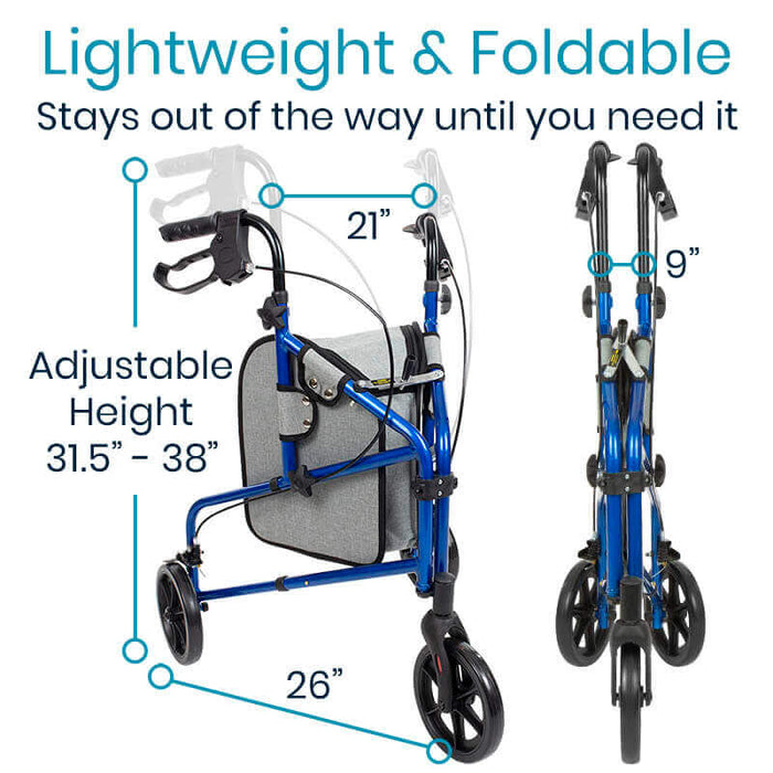 Vive Health 3 Wheel Walker Rollator - Lightweight Foldable Walking Transport
