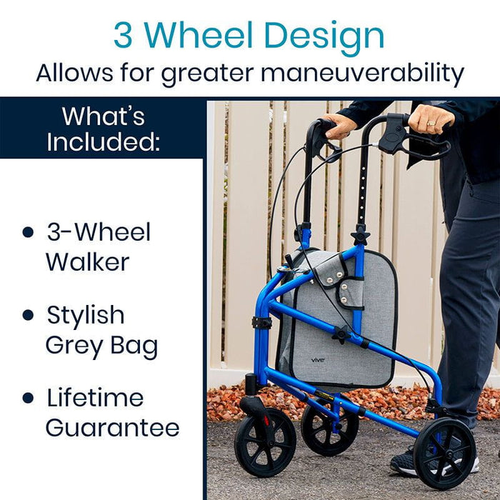 Vive Health 3 Wheel Walker Rollator - Lightweight Foldable Walking Transport